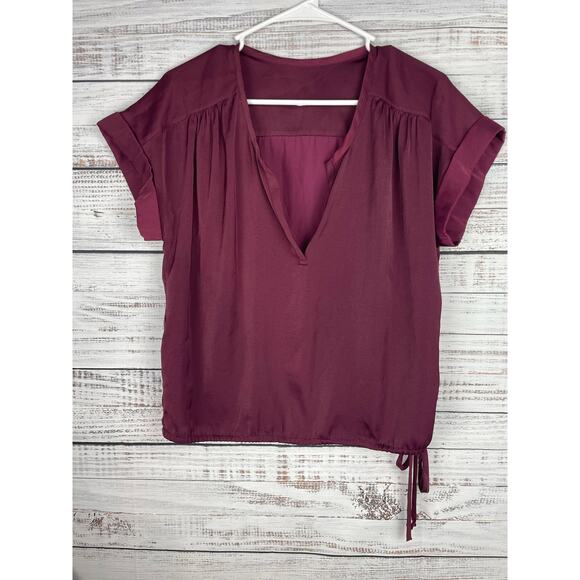 Bordeaux Tana Short Sleeve Top Satin Red Wine Small Boxy Career Office Tie Waist - Picture 1 of 7